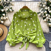 Tie-waist Lantern Sleeve Polka Dot Hot Drill Shirt