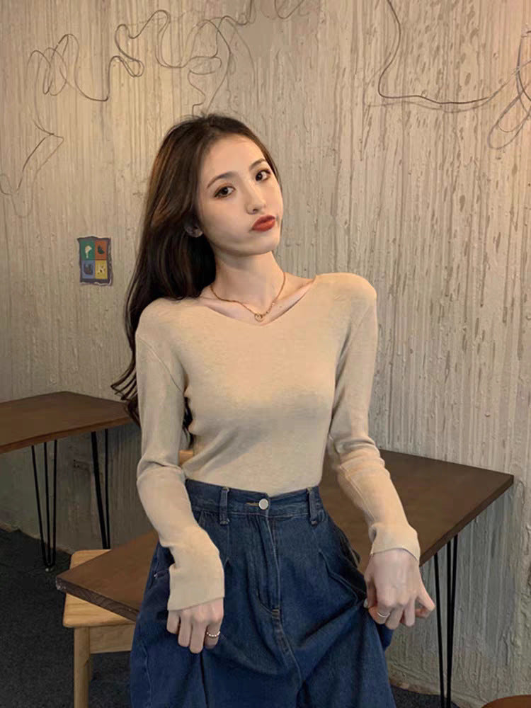 Core-spun Yarn Slim V-neck Long Sleeve Inner Wear Sweater