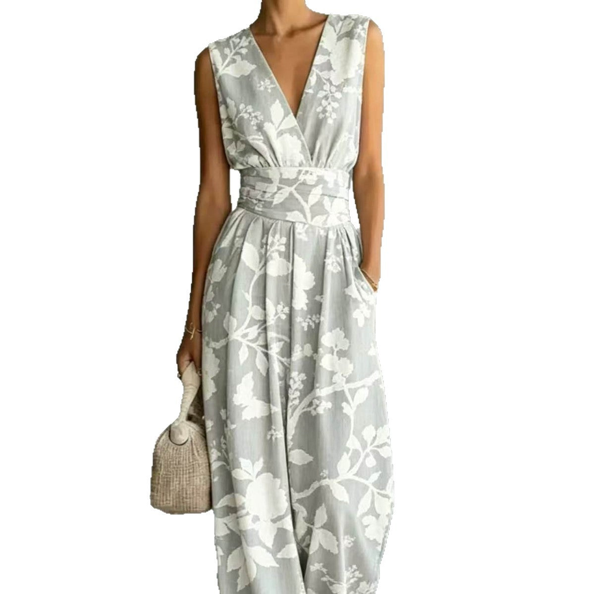 European And American-style Deep V-neck Sleeveless Printed Jumpsuit