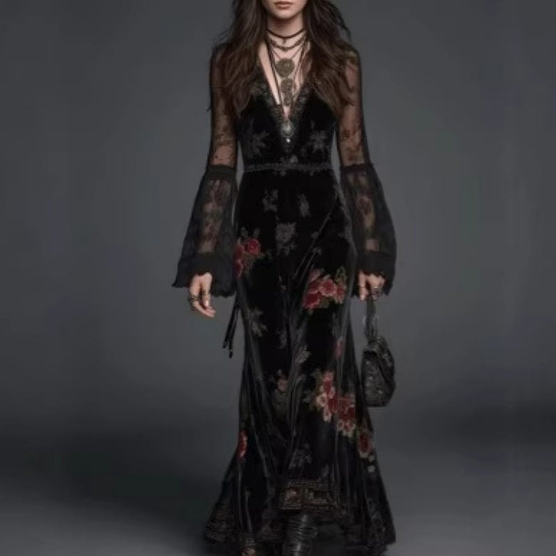 Autumnwinter Loose Long-sleeve Gold Velvet Dress