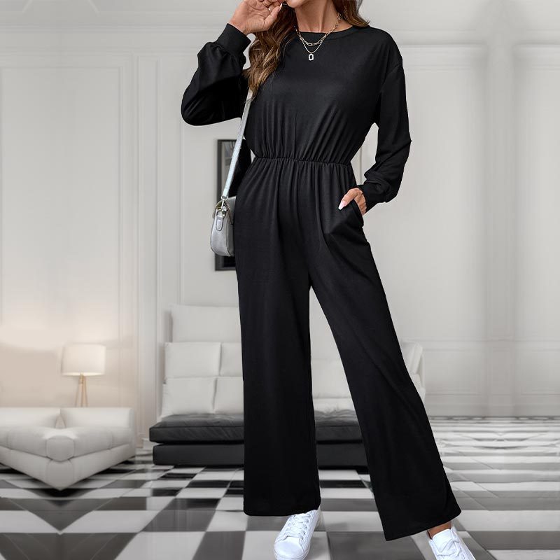 Women's Casual Solid Long Sleeve High-Waist Jumpsuit