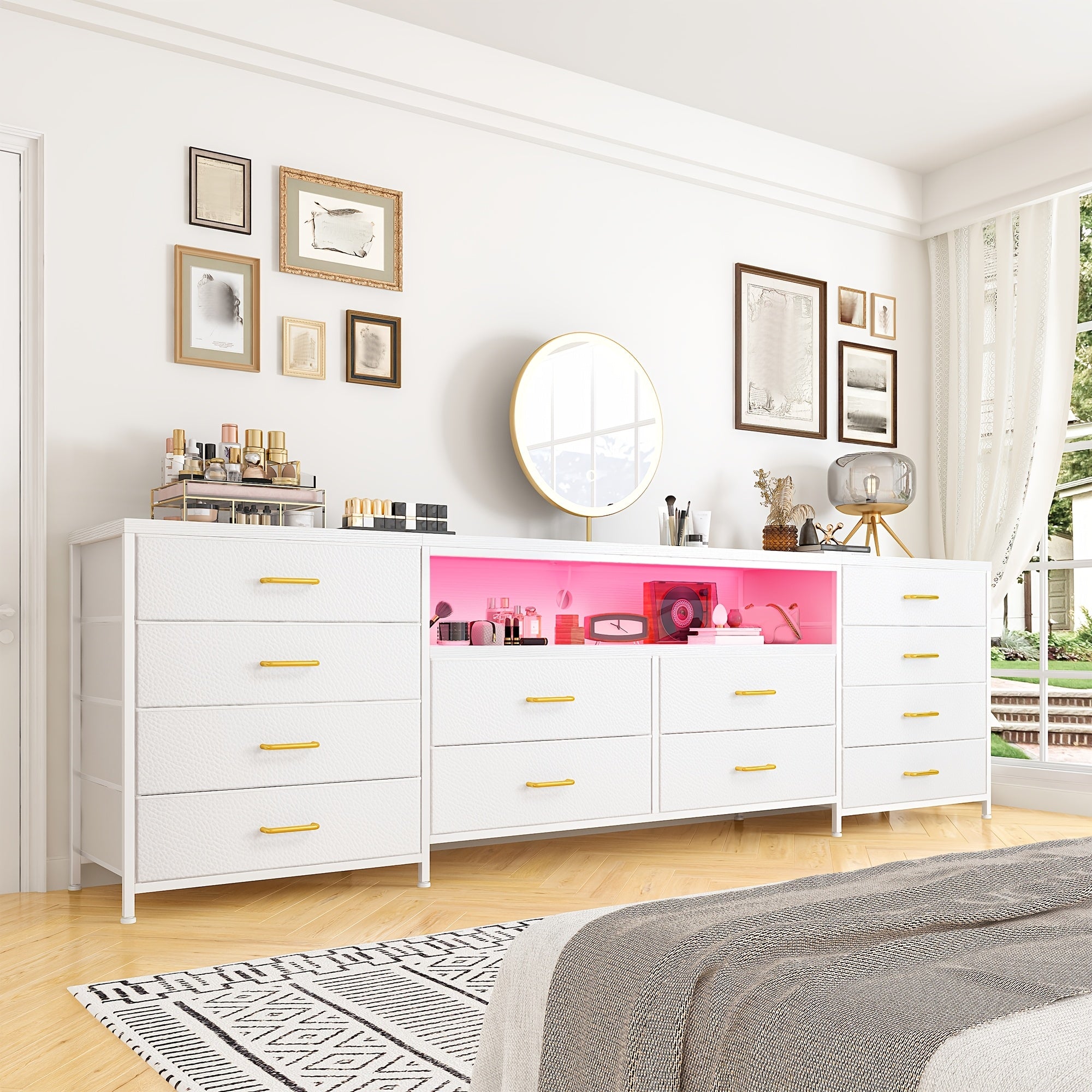63-Inch Long Dresser with 12 Fabric Drawers, Integrated LED Lights and Power Outlets