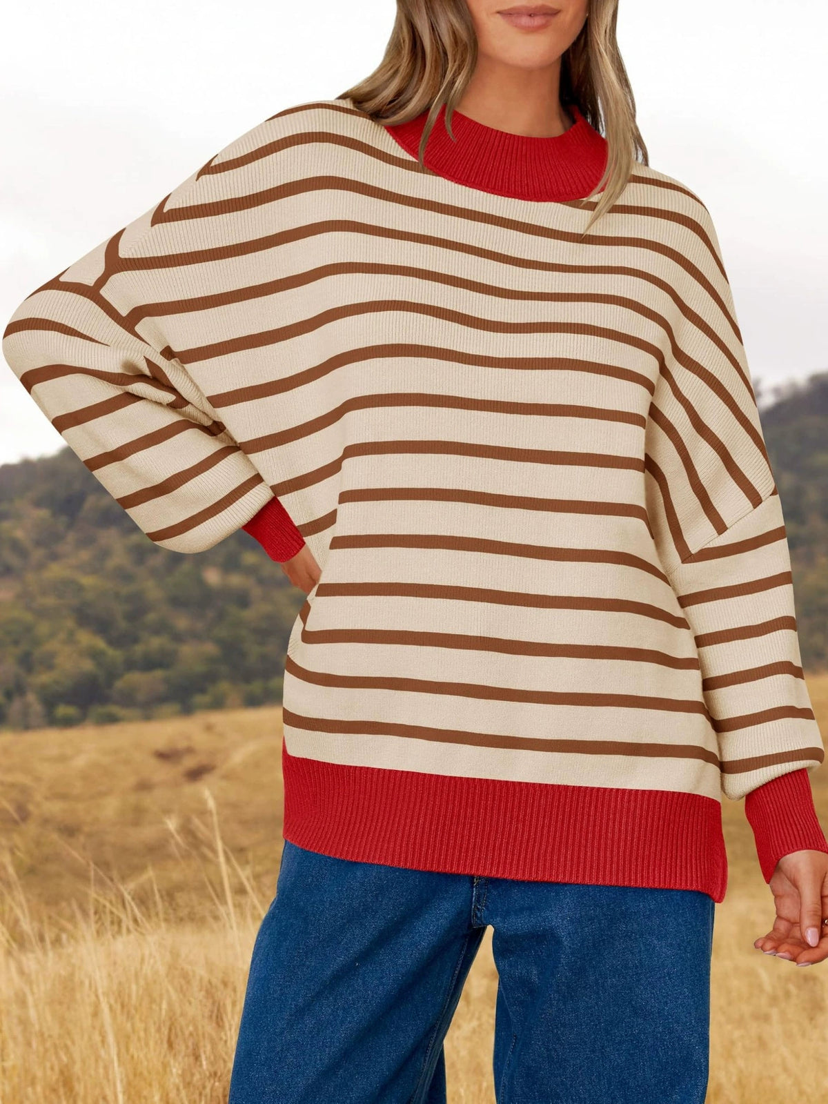 European and American Contrasting Round Neck Striped Long Sleeved Pullover Sweater for Women's Casual Loose Knit Sweater