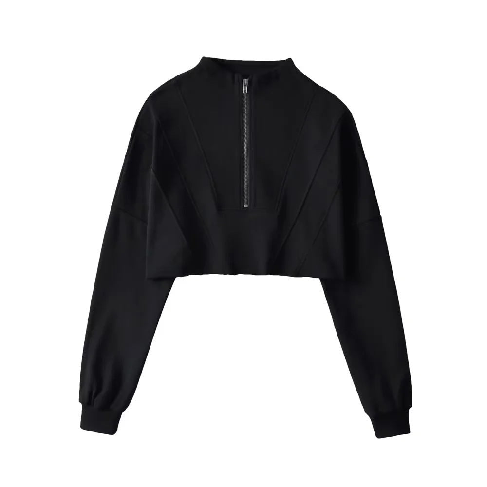 Women's Casual Half-Zip Solid Color Short Sweatshirt