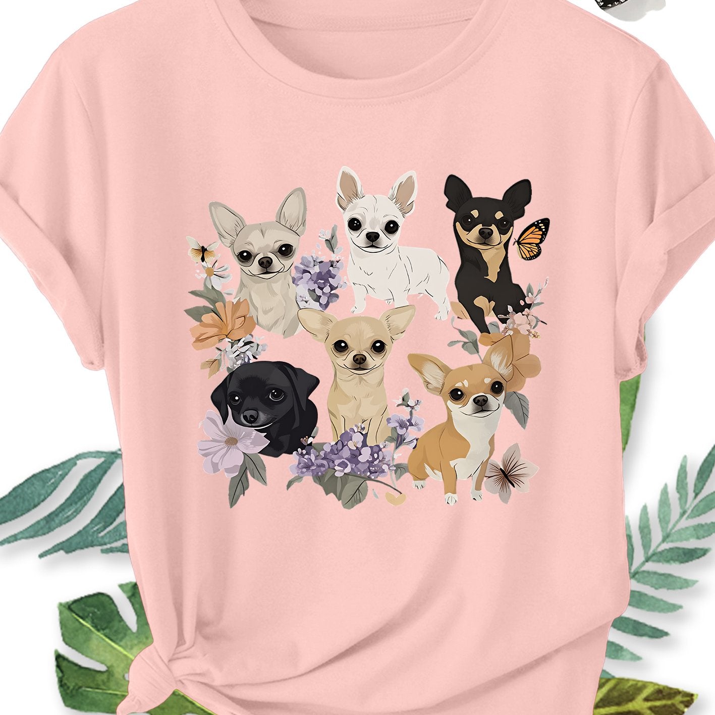 Ladies' Plus Size Short Sleeve T-Shirt with Chihuahua Dog Floral Print, Crew Neck