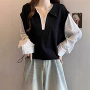 Elegant Two‑Piece Long‑Sleeve Shirt & Vest for Women – Solid Cotton