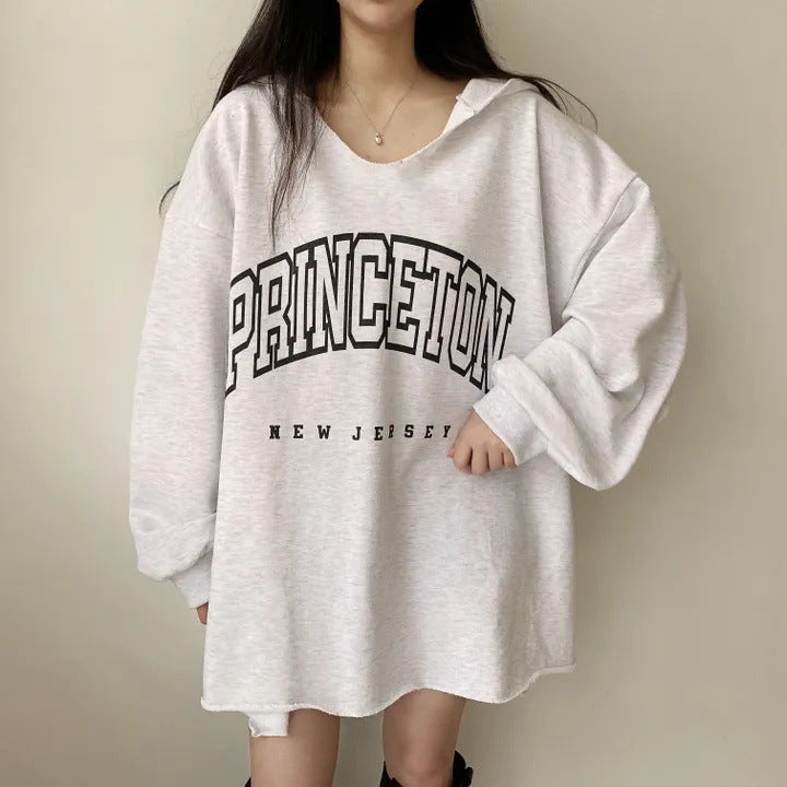 Korean Style Letter Print Loose Hooded Casual Sweater