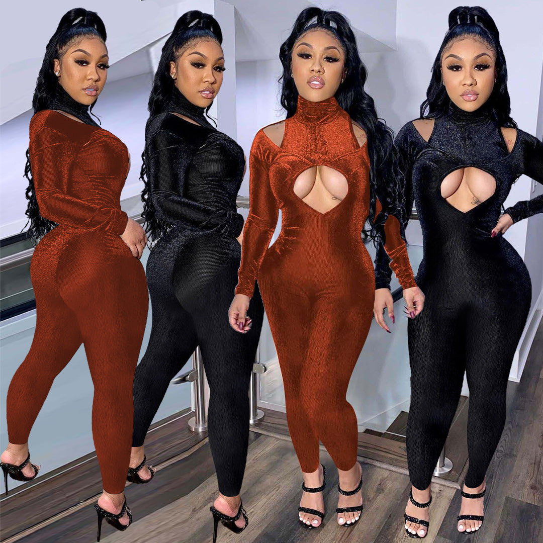 Stylish Casual Mid-neck Velvet Jumpsuit