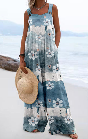 Chic Digital Print Button Romper with Wide Legs