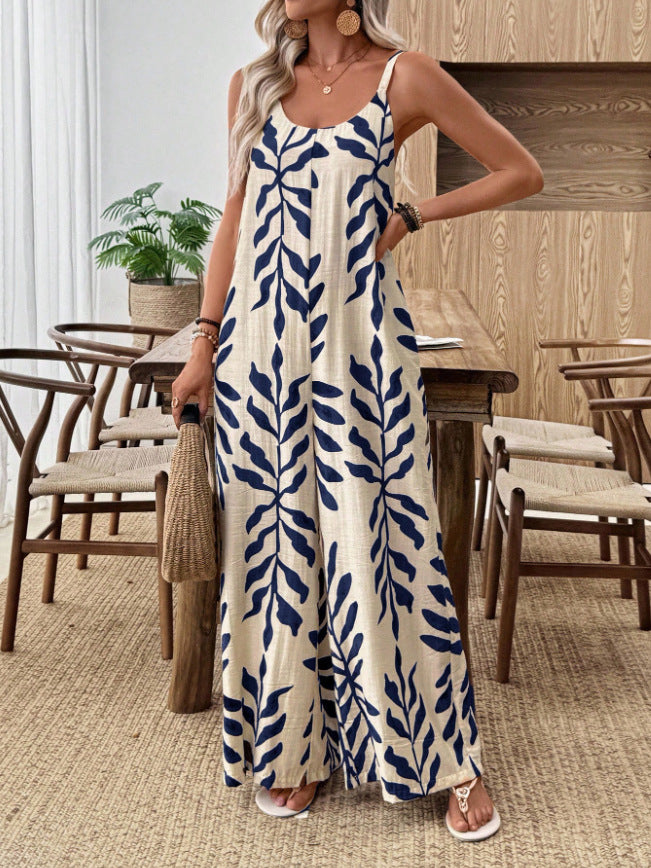 Chic Tropical Leaf V-Neck Jumpsuit with Pockets