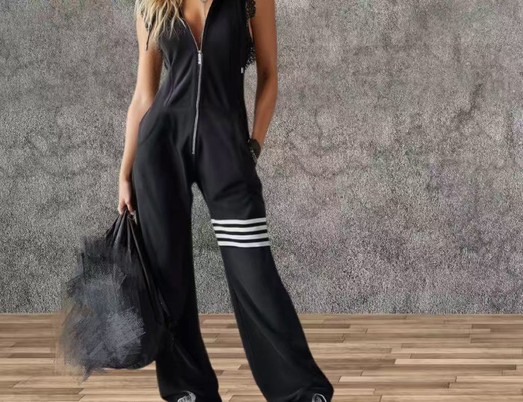 New Style Sporty Retro Lace Striped Sleeveless Hooded Jumpsuit