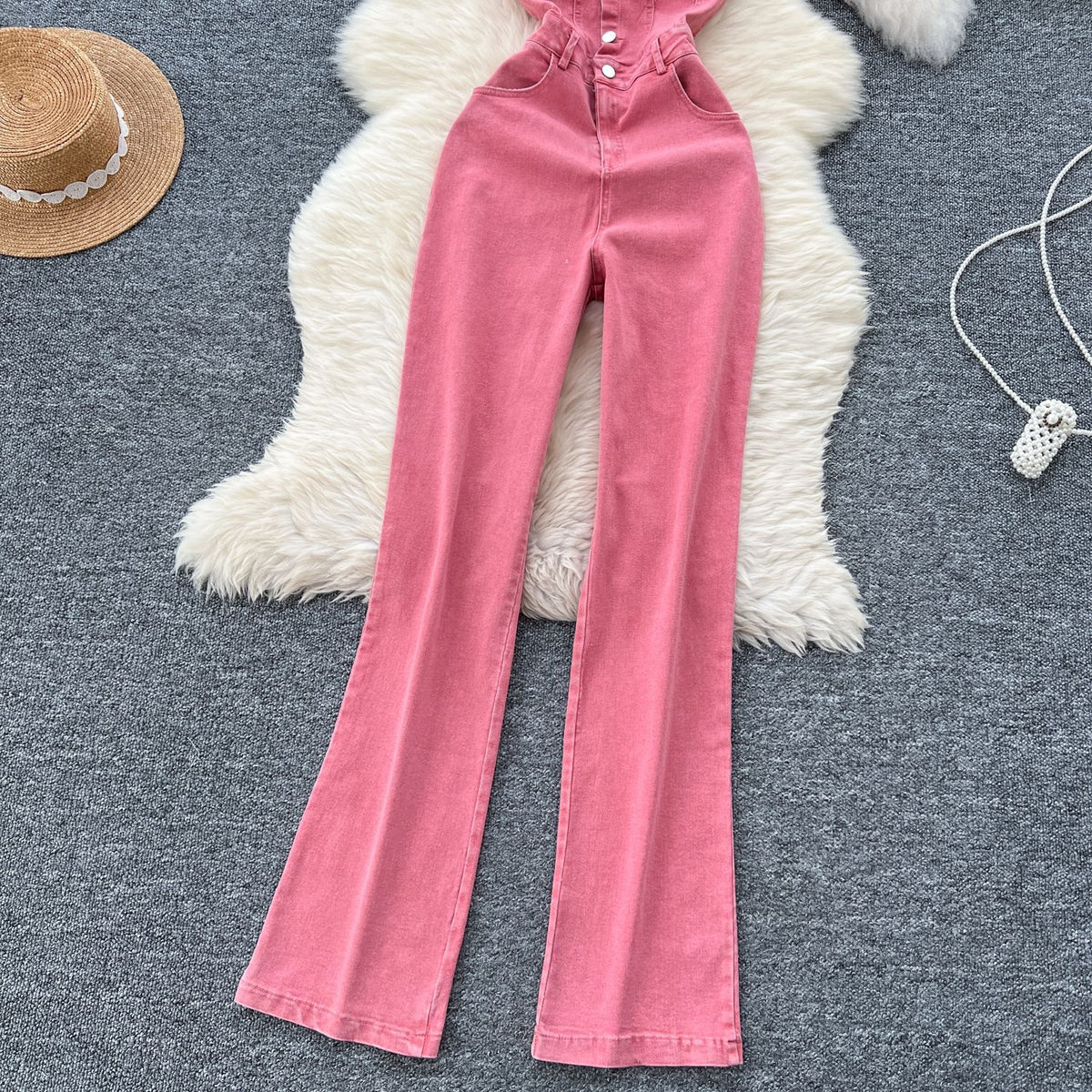 High Waist Backless Slim Fit Denim Jumpsuit