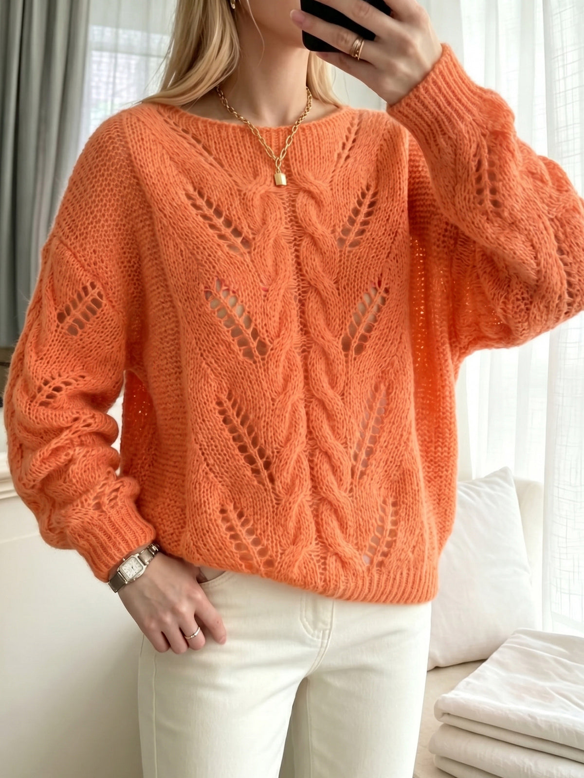 Autumnwinter Lazy-style Knit Sweater with Hollow-out Cable-knit Top