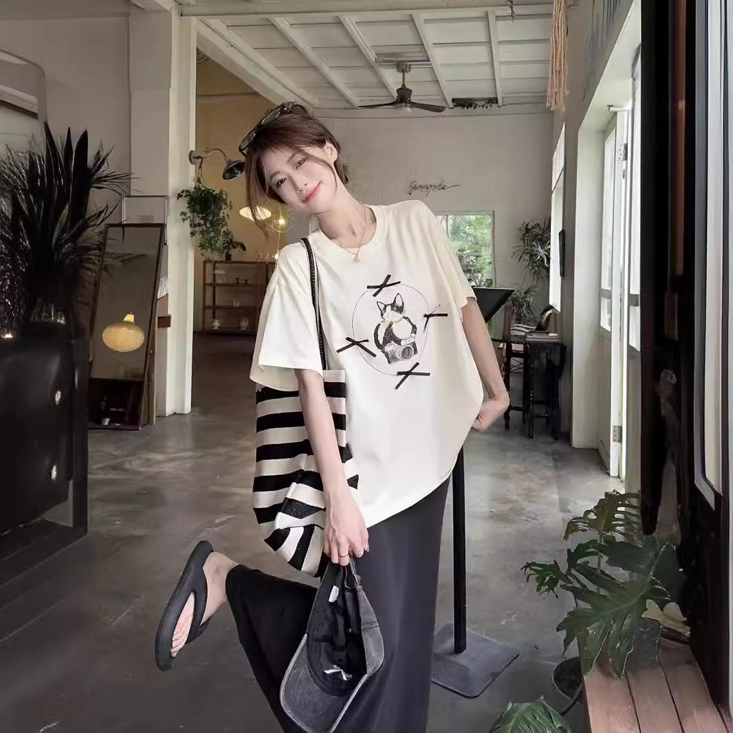 Women's Printed Bow-Knot Short Sleeve Top – Loose Fit, Elegant Print