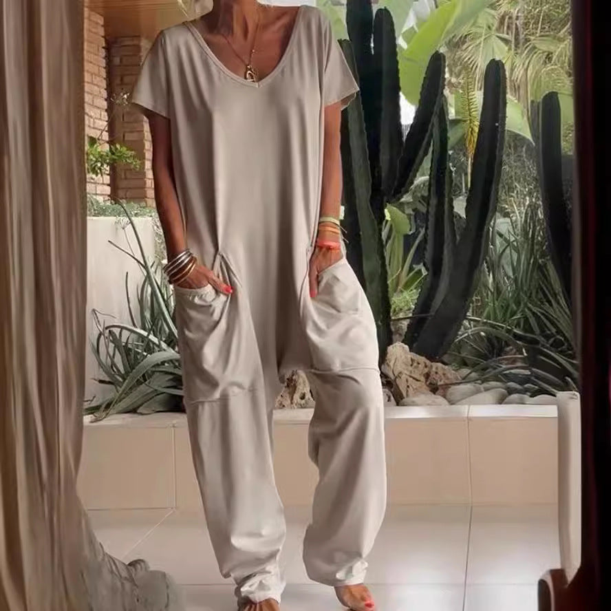 Casual V-Neck Pocket Jumpsuit for Women