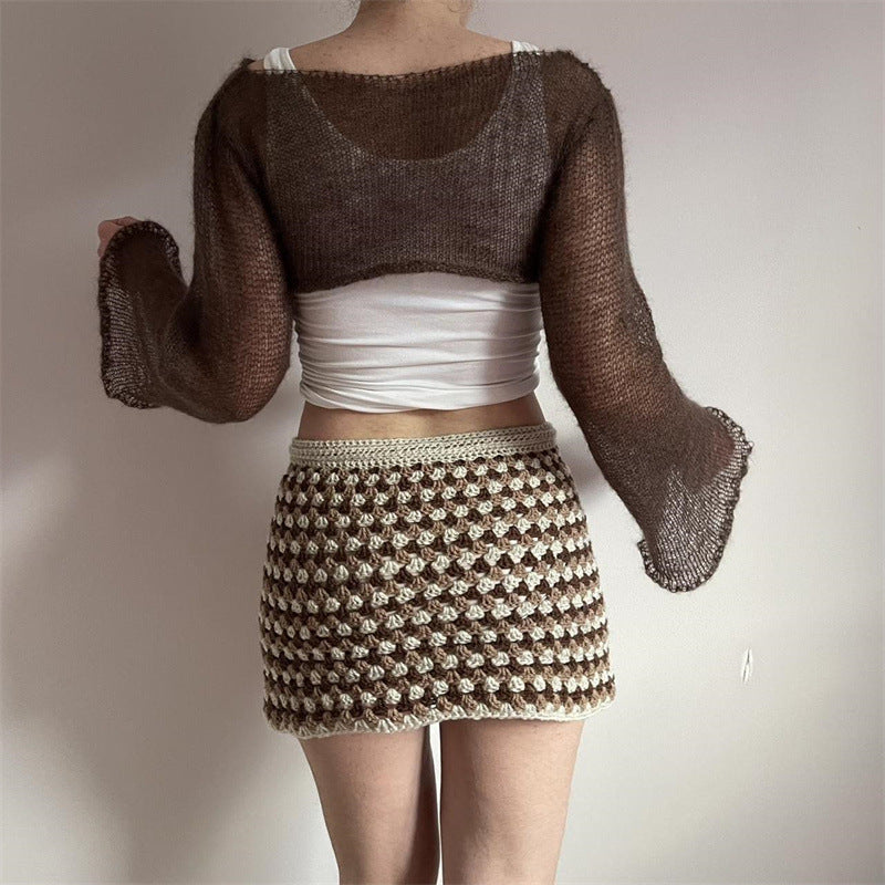 Lantern-sleeve Loose Round-neck Hollow-out Knit Sweater