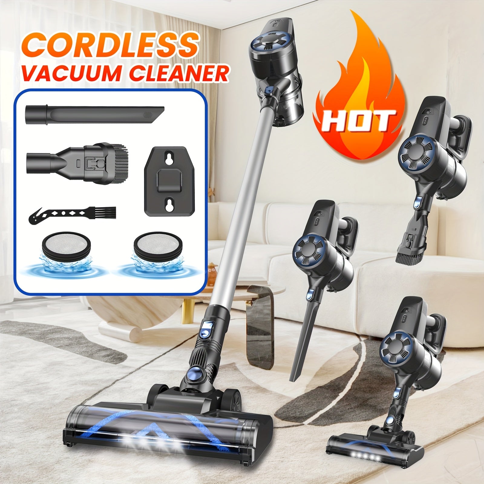 INSE Vacuum Cleaners for Home, 46KPa, 6-in-1 Rechargeable Powerful Handheld Vacuum Cleaner/High Suction/Detachable Battery, Running Time 45 Minutes, 50.5oz Dust Cup, LED Brush, Vacuum Cleaners for...
