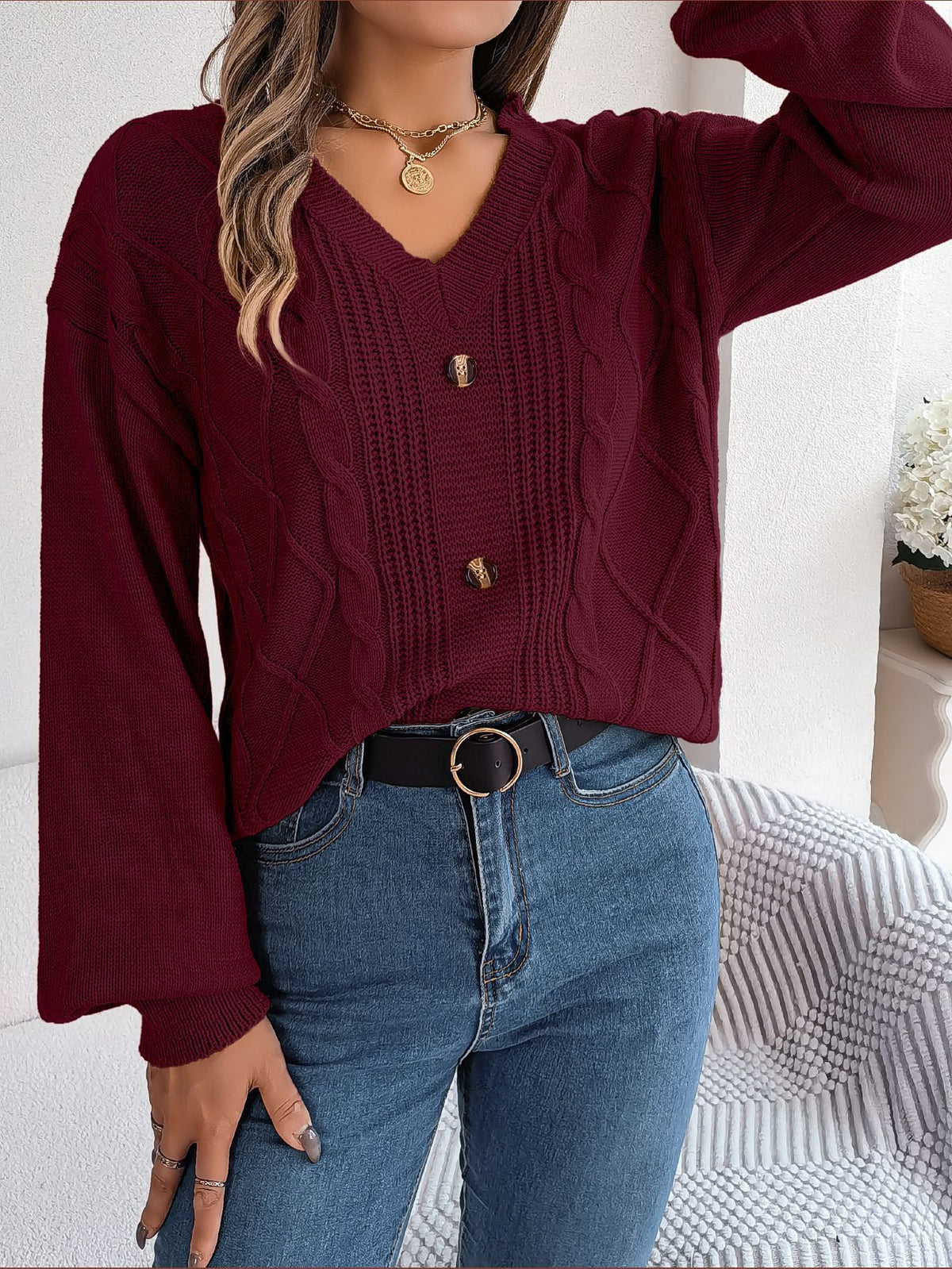Solid-color V-neck Buttoned Cable-knit Puff-sleeve Pullover Sweater