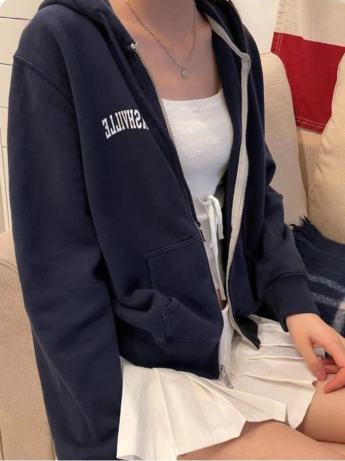 Women's Letter Print Zip-Up Hooded Slimming Cardigan