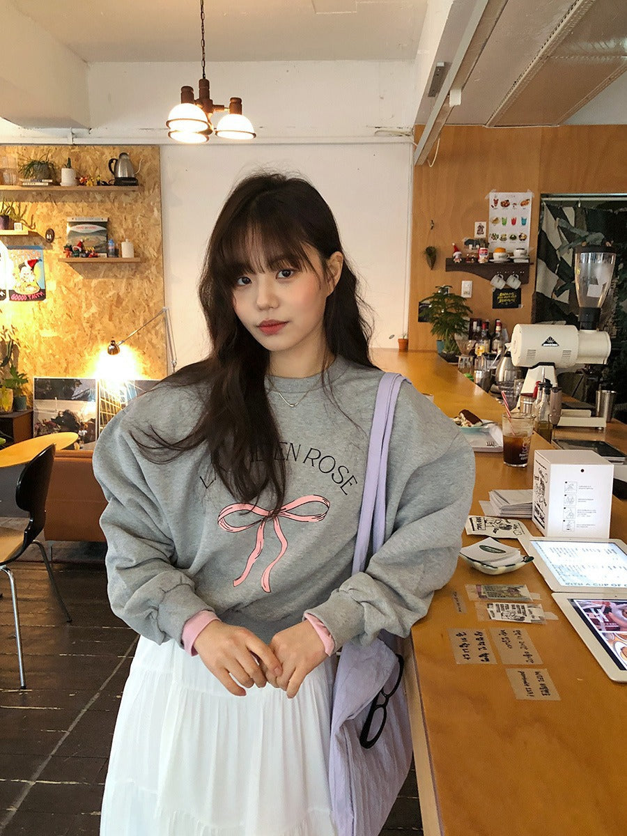 Chic Bowknot Print Loose Cotton Sweatshirt for Women