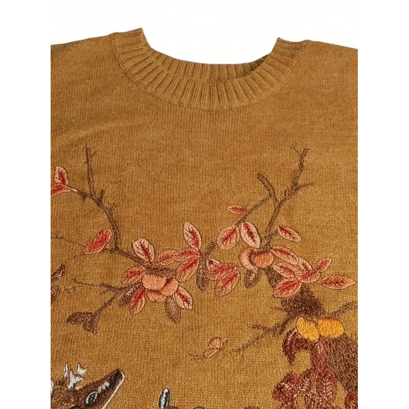 Loose Fit Short Sleeve Sweater Embroidered Deer Plum