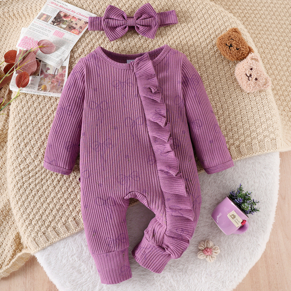 Baby Girl Cute Bowknot Long Sleeve Jumpsuit & Pants Set