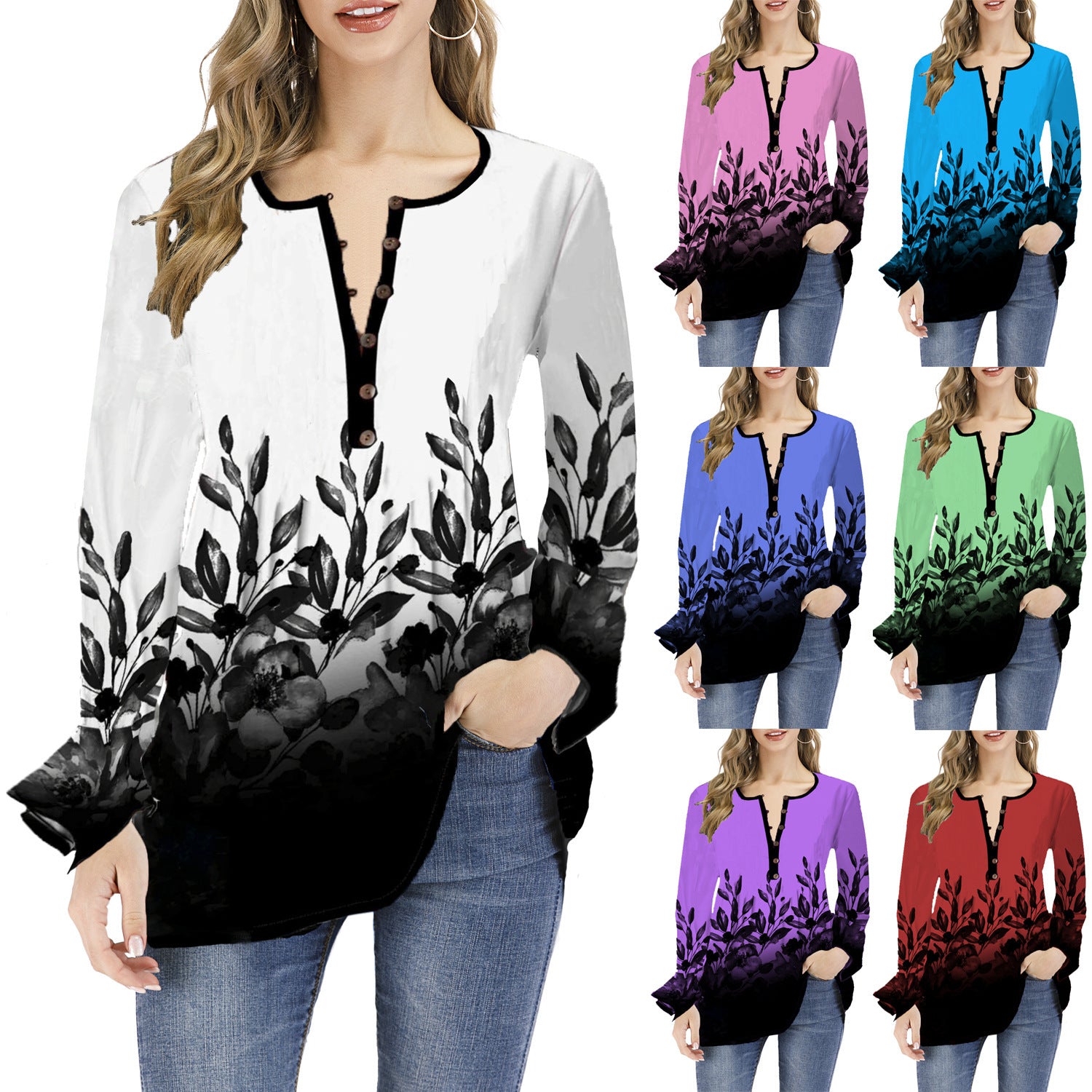 Flirty Ruffled-Cuff Long‑Sleeve T‑Shirt – Loose Fit, Print Variety