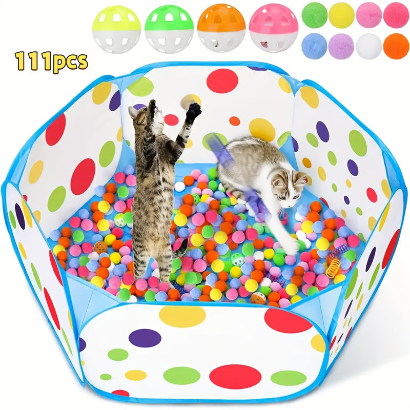 Sungdogin Interactive Cat Toy With 100 Toy Balls & 10 Bell Balls - Indoor Cat Playpen For Exercise & Entertainment, Durable Pet Playpen With Colorful Polka Dots, Easy Assembly, Safe For Cats, Cat