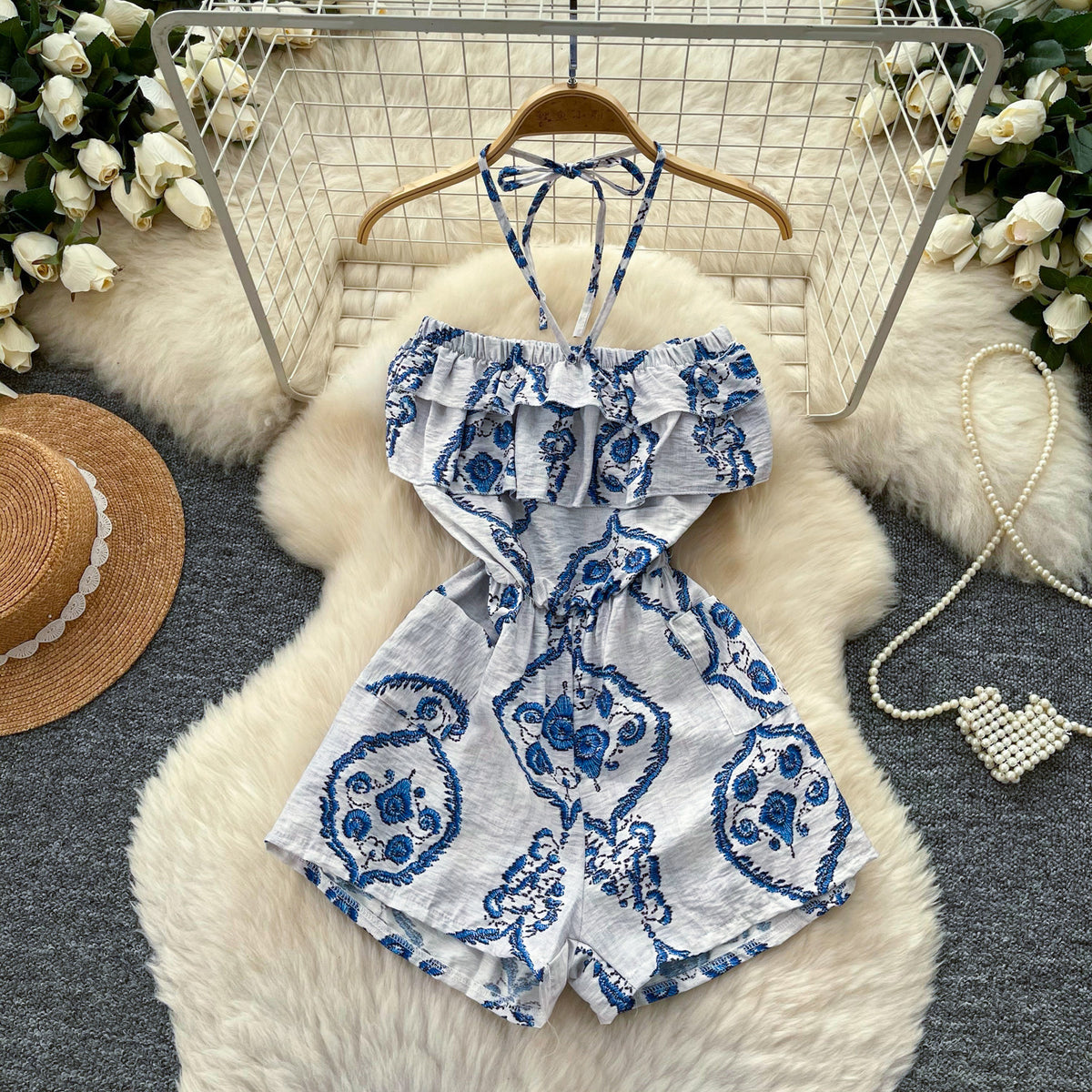 Sexy Backless Halter-Neck Printed Romper for Women