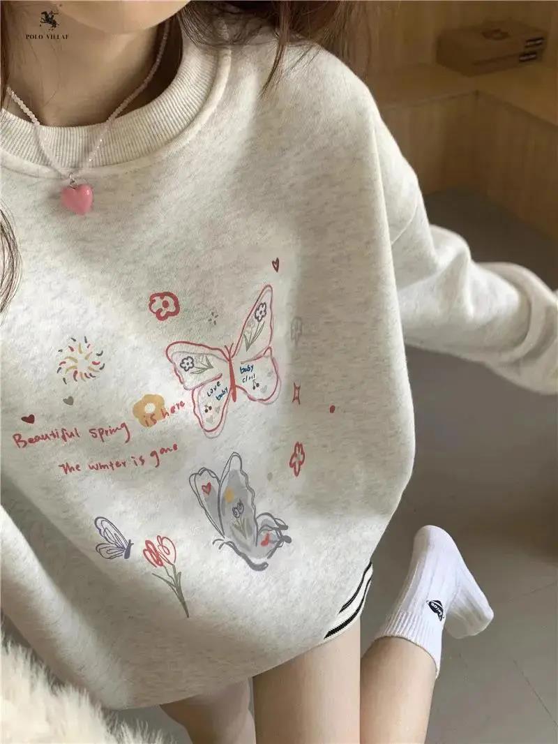 Retro Oversized Crewneck Cotton Sweater for Women