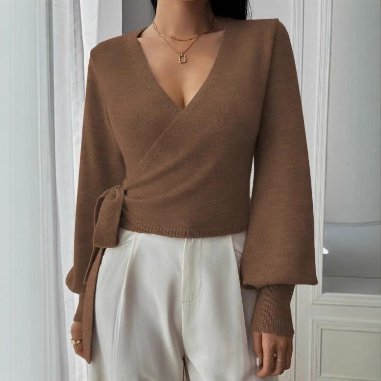 Autumn and Winter Irregular Lace-up Elegant Wool Short Clothes Top