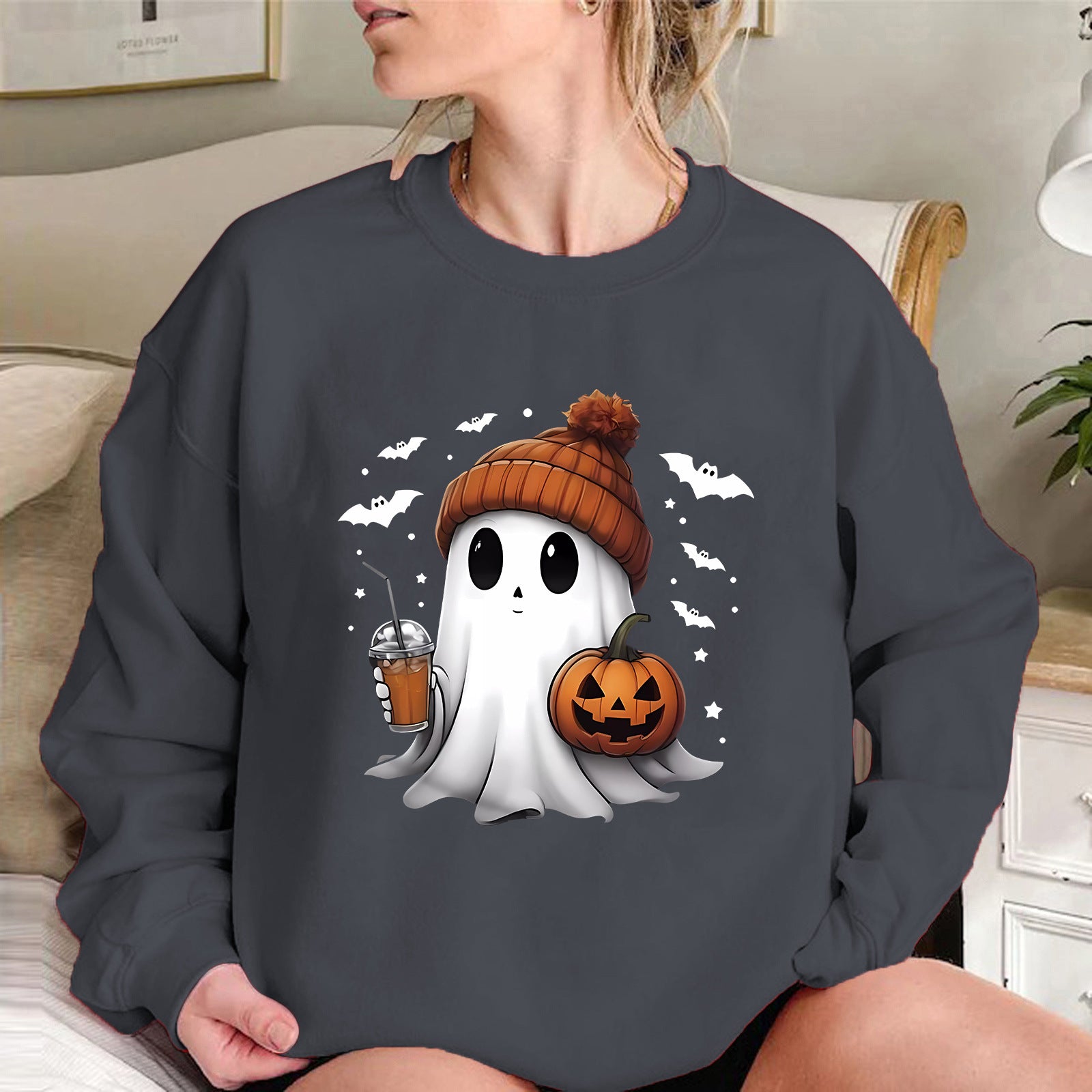 Cozy Drop-Shoulder Velvet Halloween Hoodie for Women