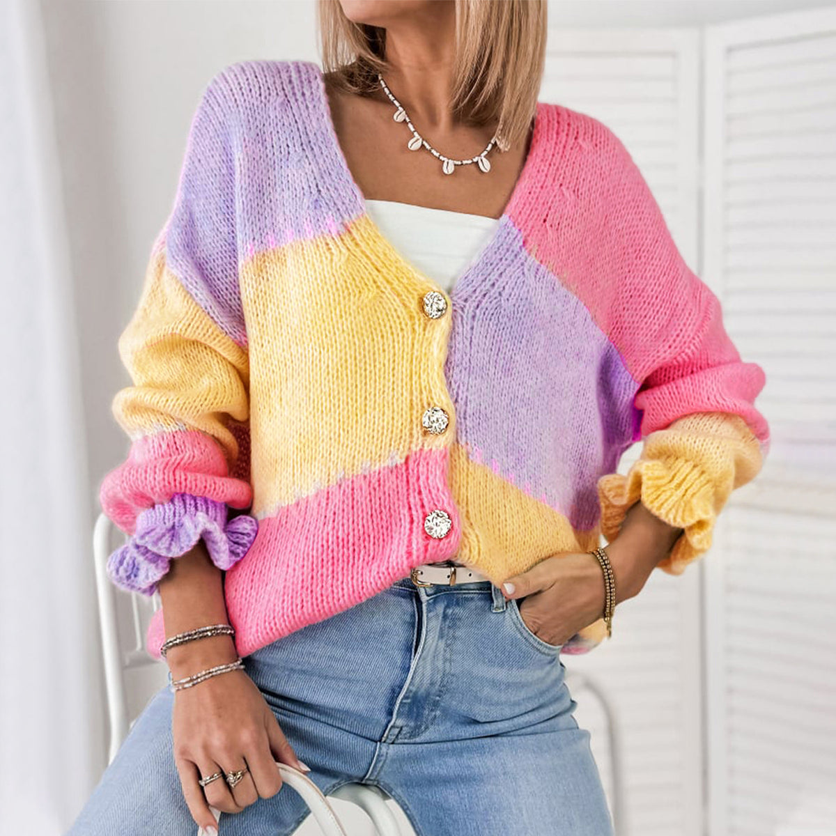 Women's Autumnwinter Sweater Color Block Stitching Casual Loose Knitted Cardigan