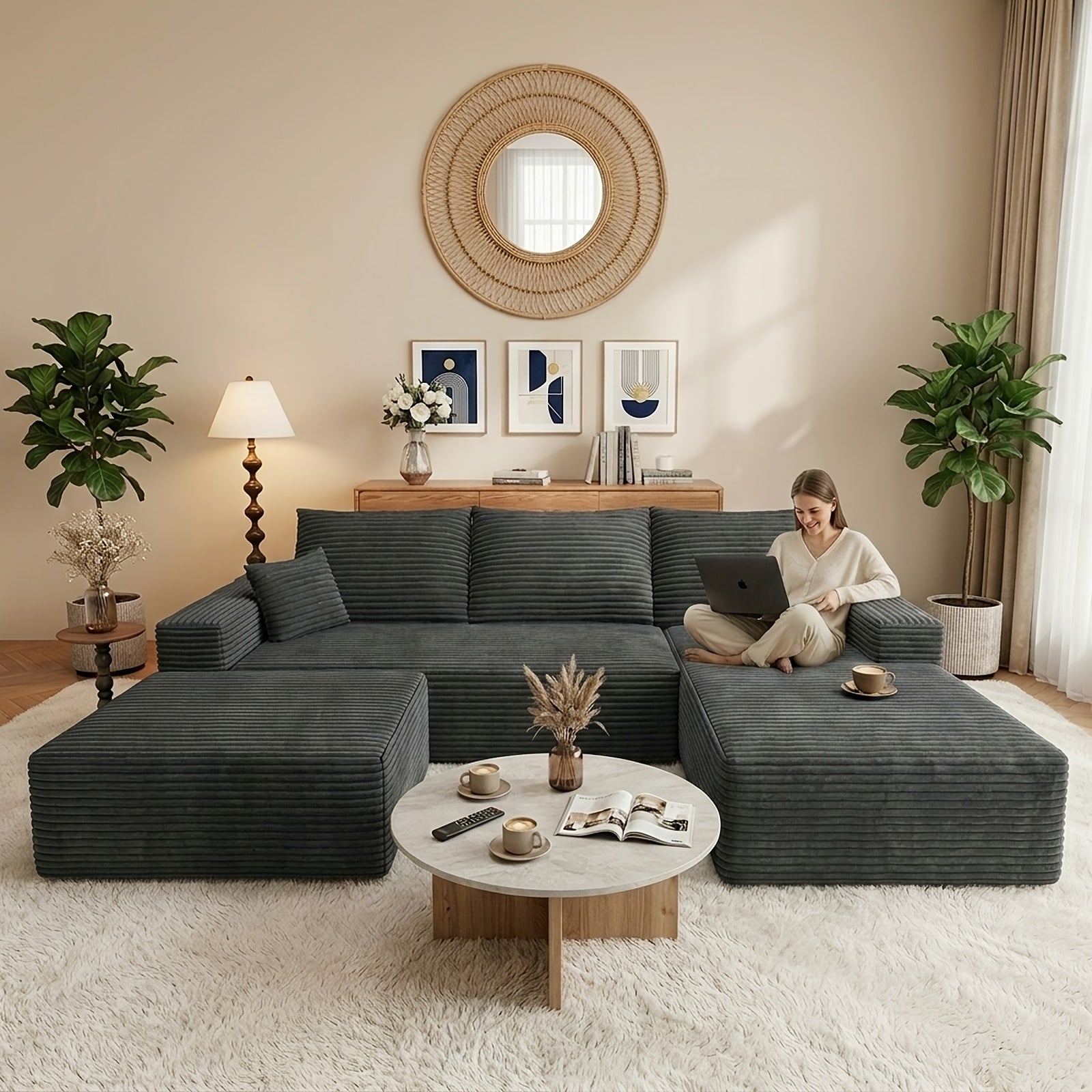 Modular L-shaped chaise longue sofa bed with deep seat and corduroy upholstery