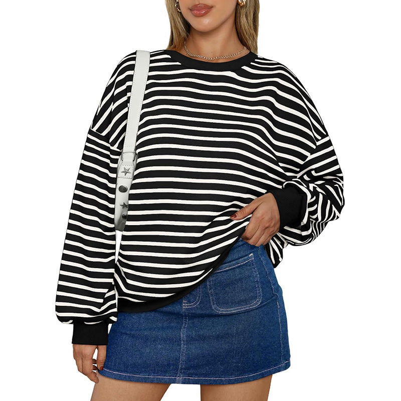 Cozy Oversized Striped Casual Pullover Hoodie