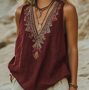 Boho Retro V‑Neck Sleeveless Vest – Loose, Flowy Summer Top