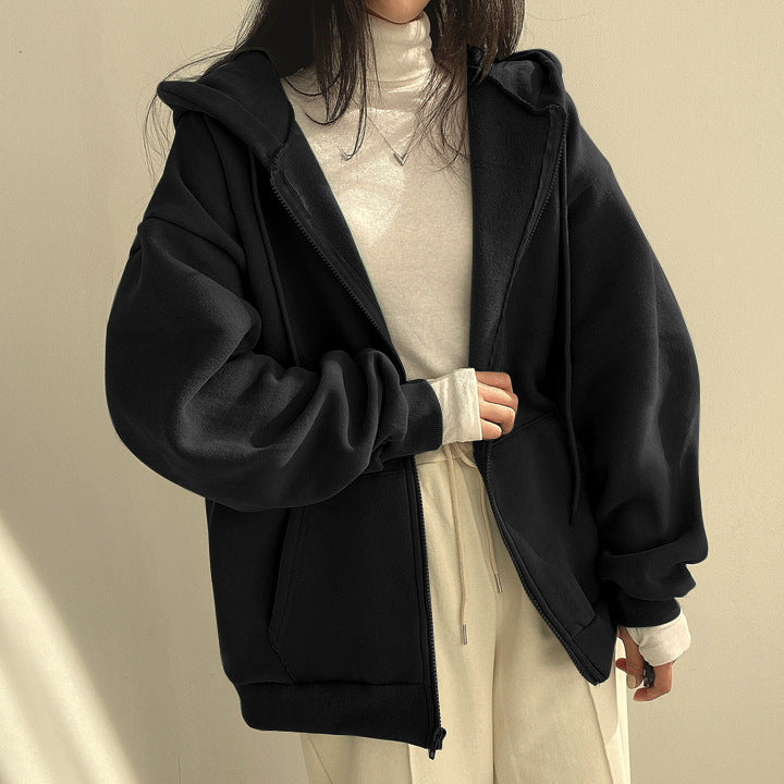 Plush Lined Zip-Up Hooded Sweatshirt Jacket