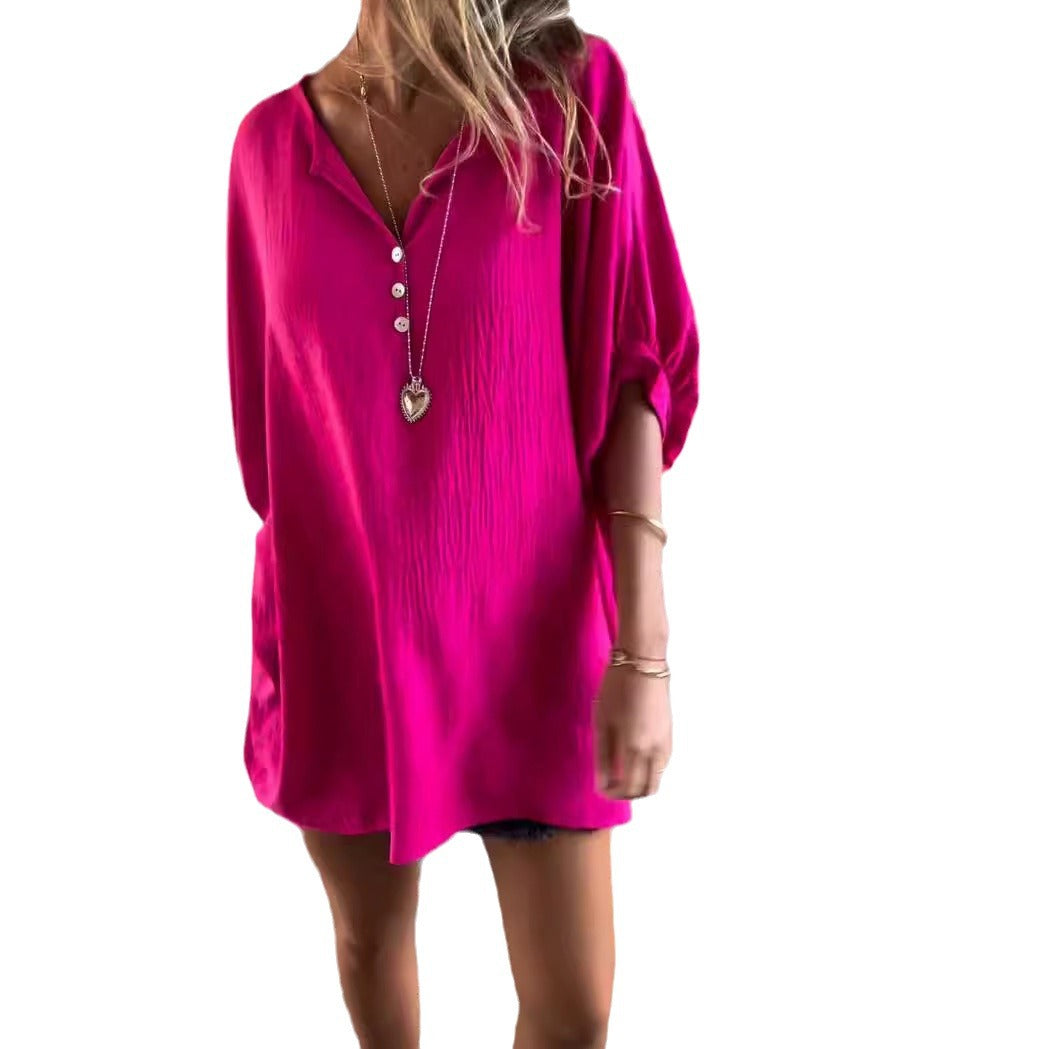 Casual Solid Color Collarless Button-Up Shirt
