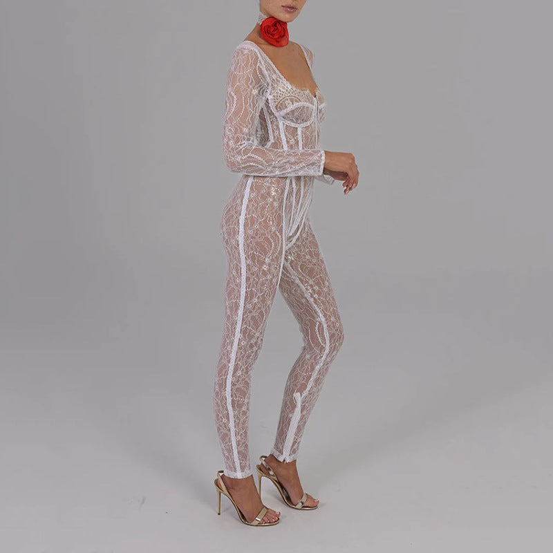 Lace Stitching Sexy Temptation Low-cut Jumpsuit