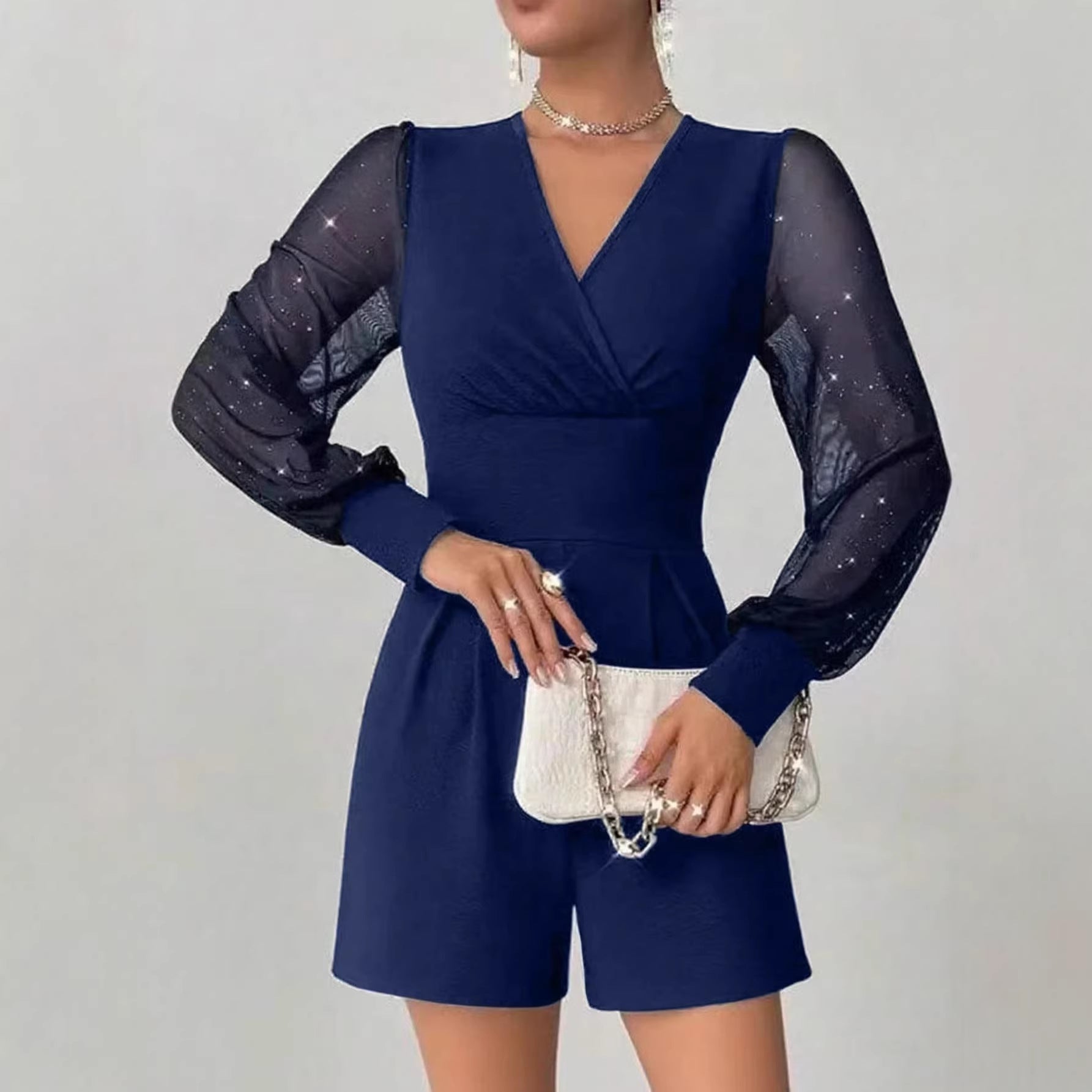Chic Puff Sleeve Mesh Shorts Jumpsuit