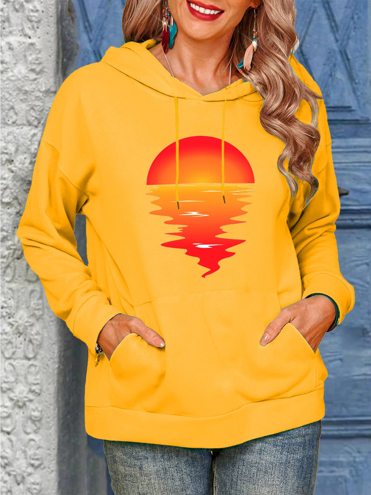 Women's Sun Print Drawstring Casual Hoodie