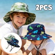 2‑Piece Camouflage Dinosaur Print Bucket Hats with Wide Brim and Adjustable Wind‑Proof Cord