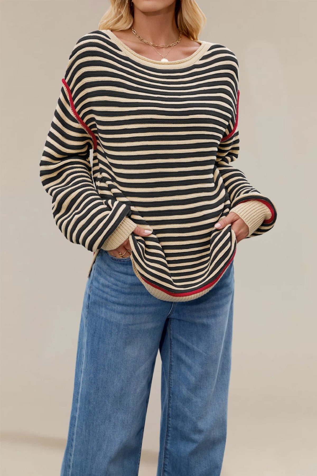 Women's Striped Knitted Round Neck Pullover Loose-fitting Long Sleeves Sweater