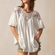 Lace-panelled Round-neck Short-sleeve Loose Womens Blouse