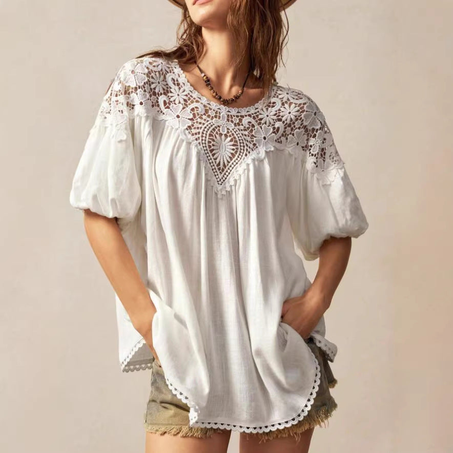 Lace-panelled Round-neck Short-sleeve Loose Womens Blouse