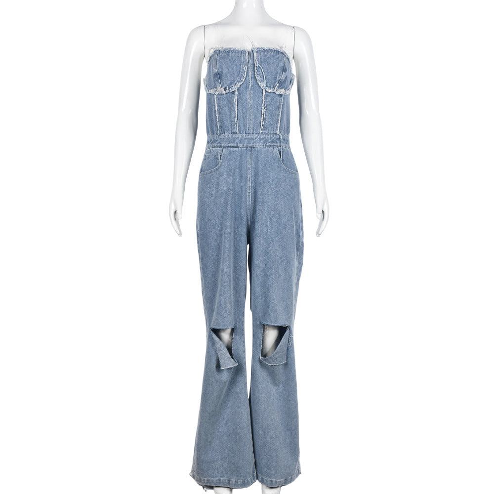 Women's V-Neck Denim With Hole Zip Pocket Jumpsuit