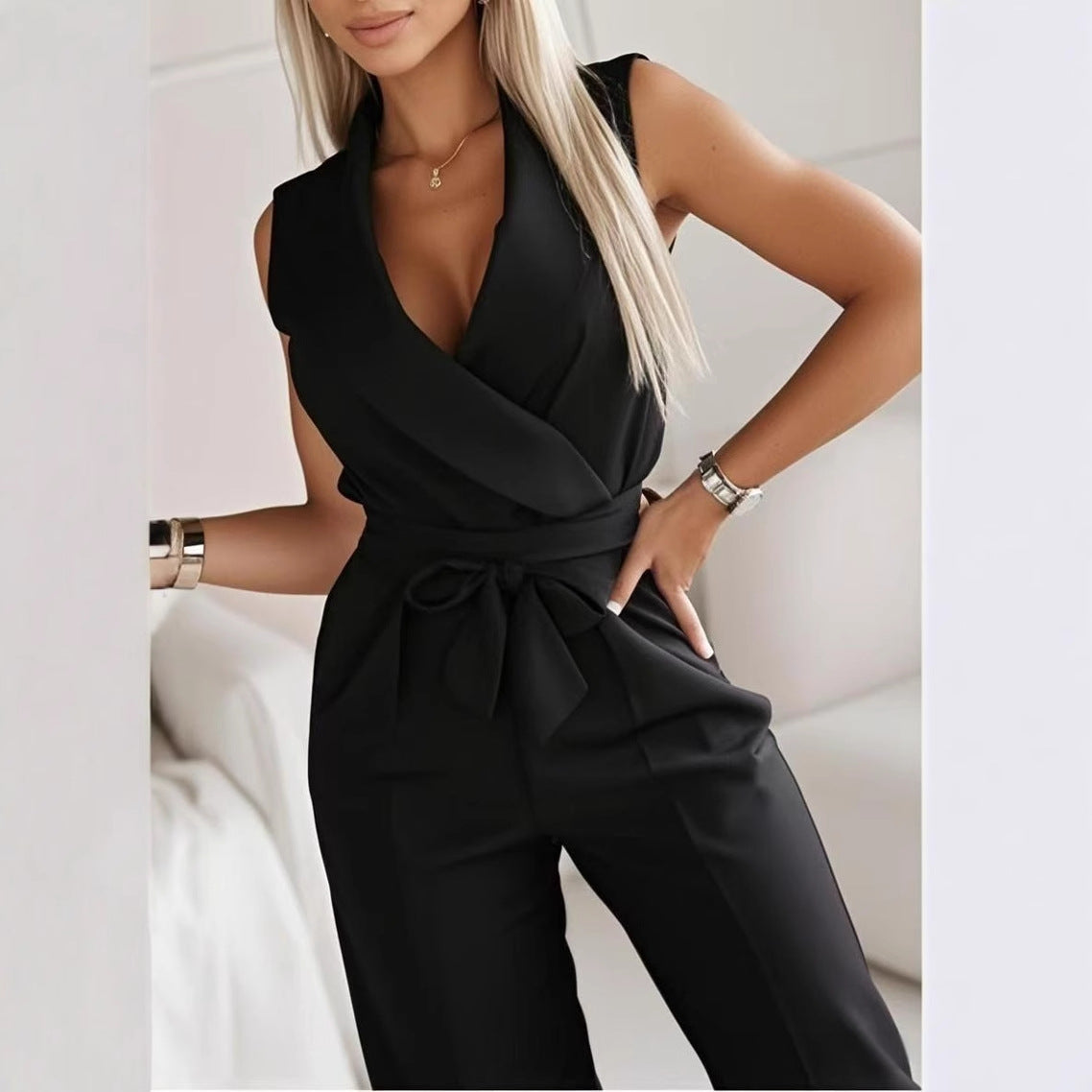 Elegant Sleeveless Wide-Leg Jumpsuit with Belt