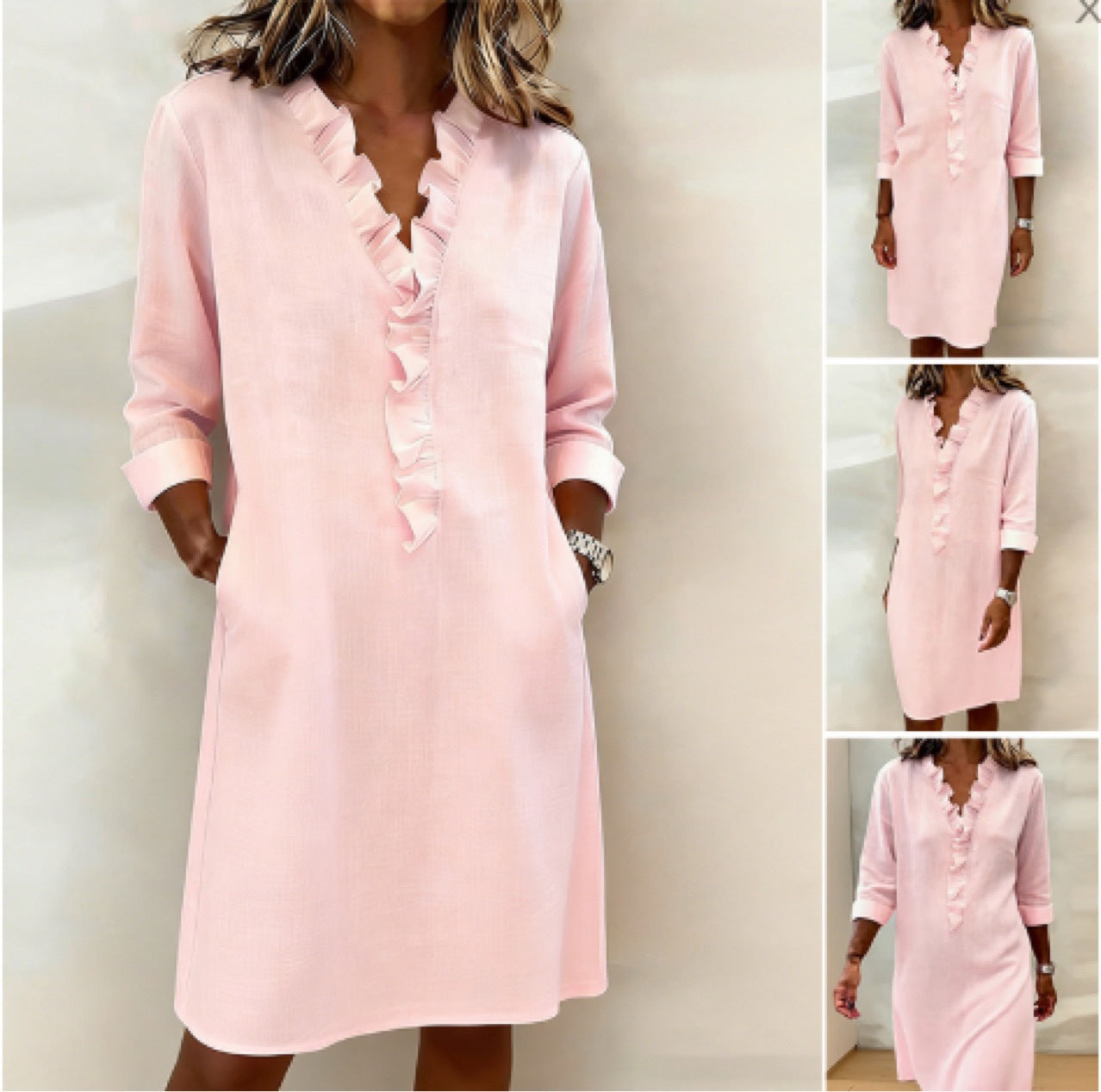 New Womens Ruffle-trimmed Long-sleeve Cotton-Linen Shirt Womens Clothing