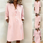 New Womens Ruffle-trimmed Long-sleeve Cotton-Linen Shirt Womens Clothing