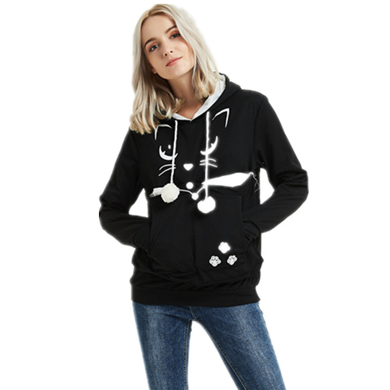 Cute Cat Print Long Sleeve Casual Hooded Sweatshirt